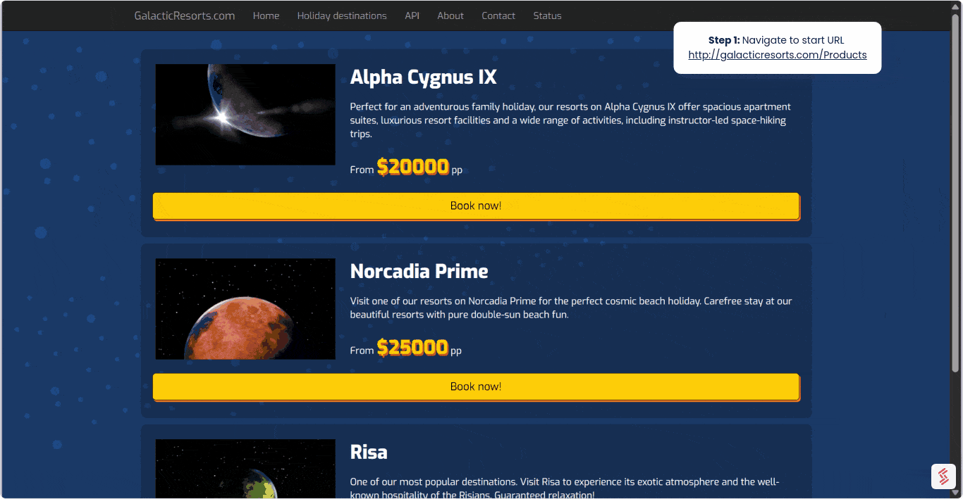 Parcours utilisateur sur la page produit du site web Galactic Resorts