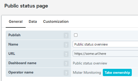 capture d’écran d’une configuration de Pages de Statut Public