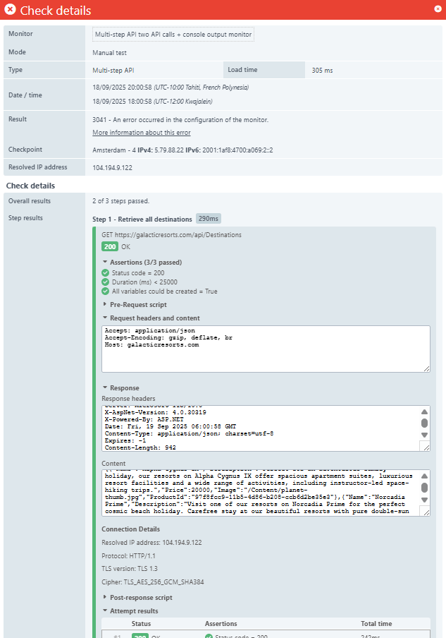 Fenêtre Voir les détails pour un moniteur d&rsquo;API multi-étapes