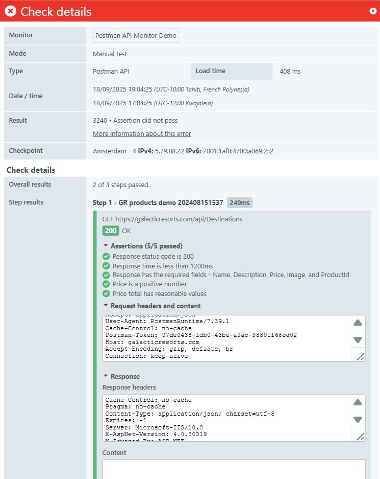 Fenêtre Voir les détails pour un moniteur API Postman