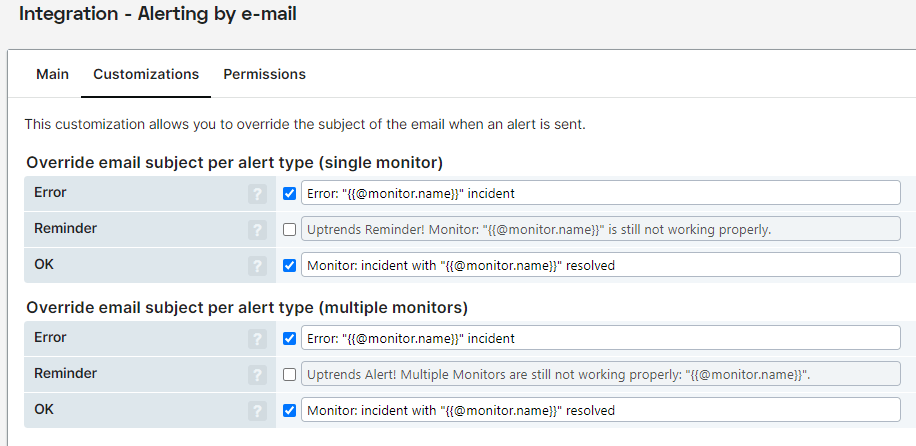 Capture d’écran de la personnalisation des objets d’e-mails