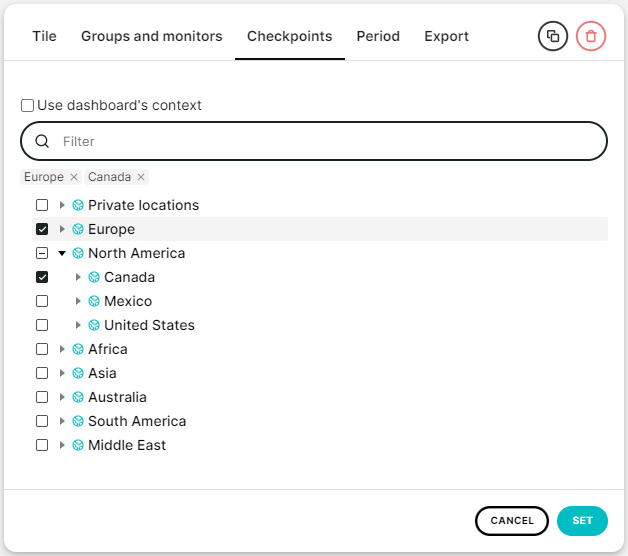 capture d’écran du filtrage des checkpoints d’une tuile