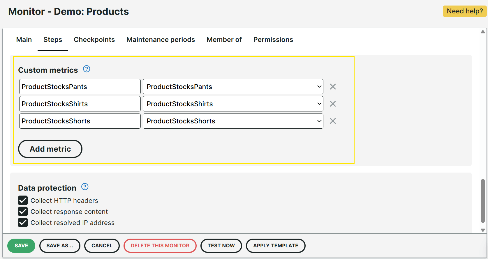 Variable de métriques personnalisées sur les produits