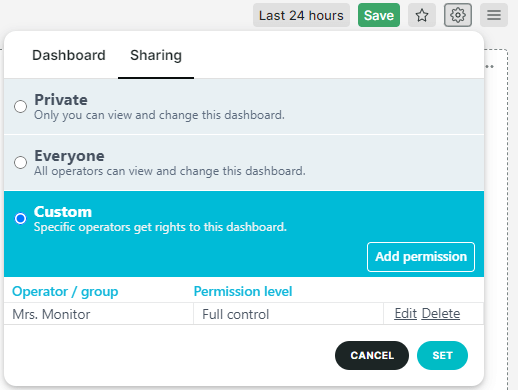 capture d’écran des options de partage de dashboards