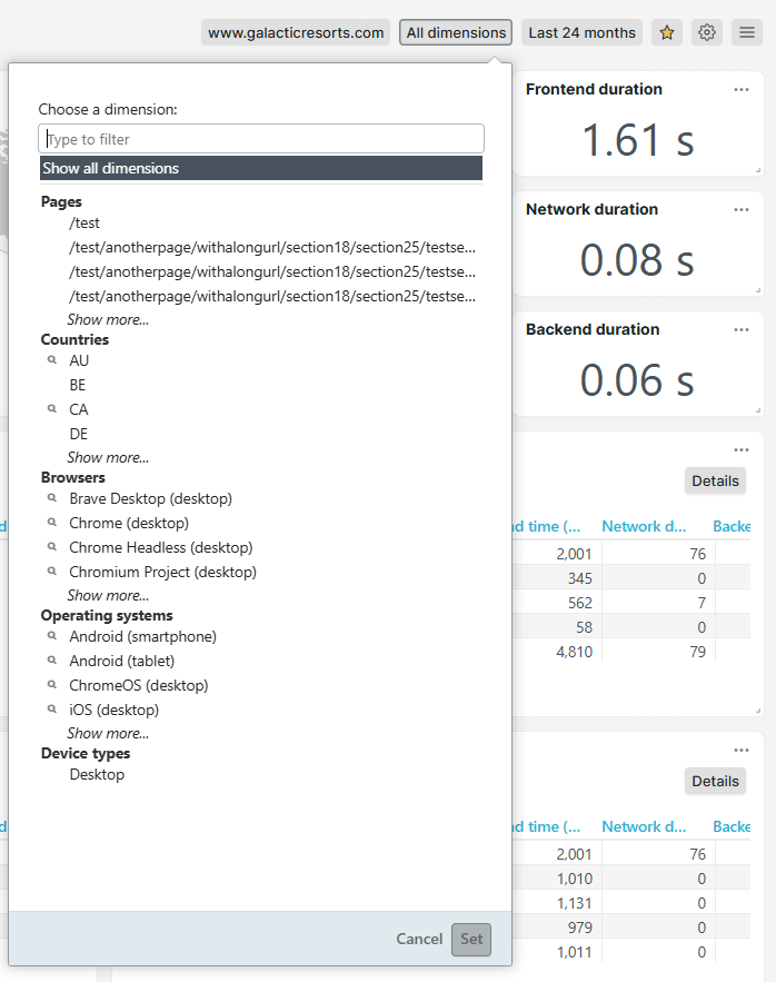 Filtre de dimension dans les dashboards du RUM