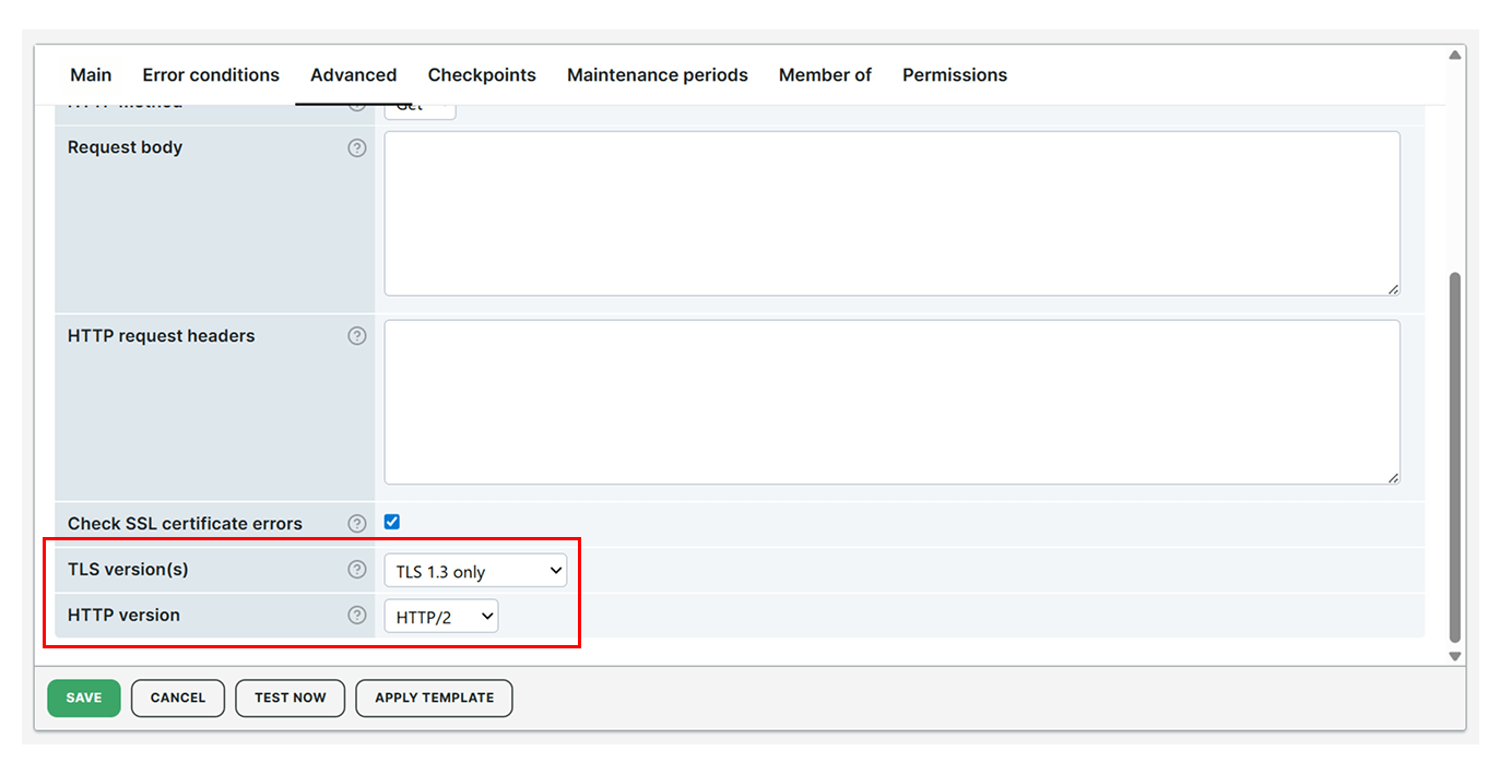 Versions TLS et HTTP dans les moniteurs HTTPS