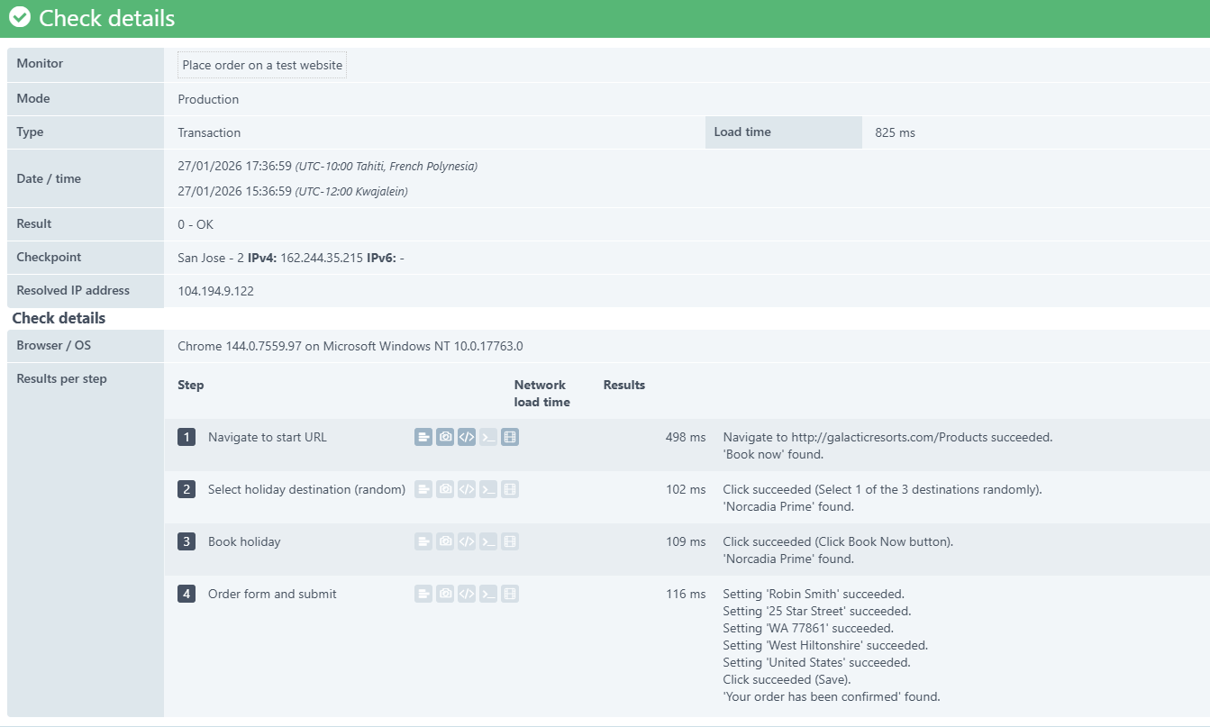 Résultat du temps réseau pour les moniteurs de transactions