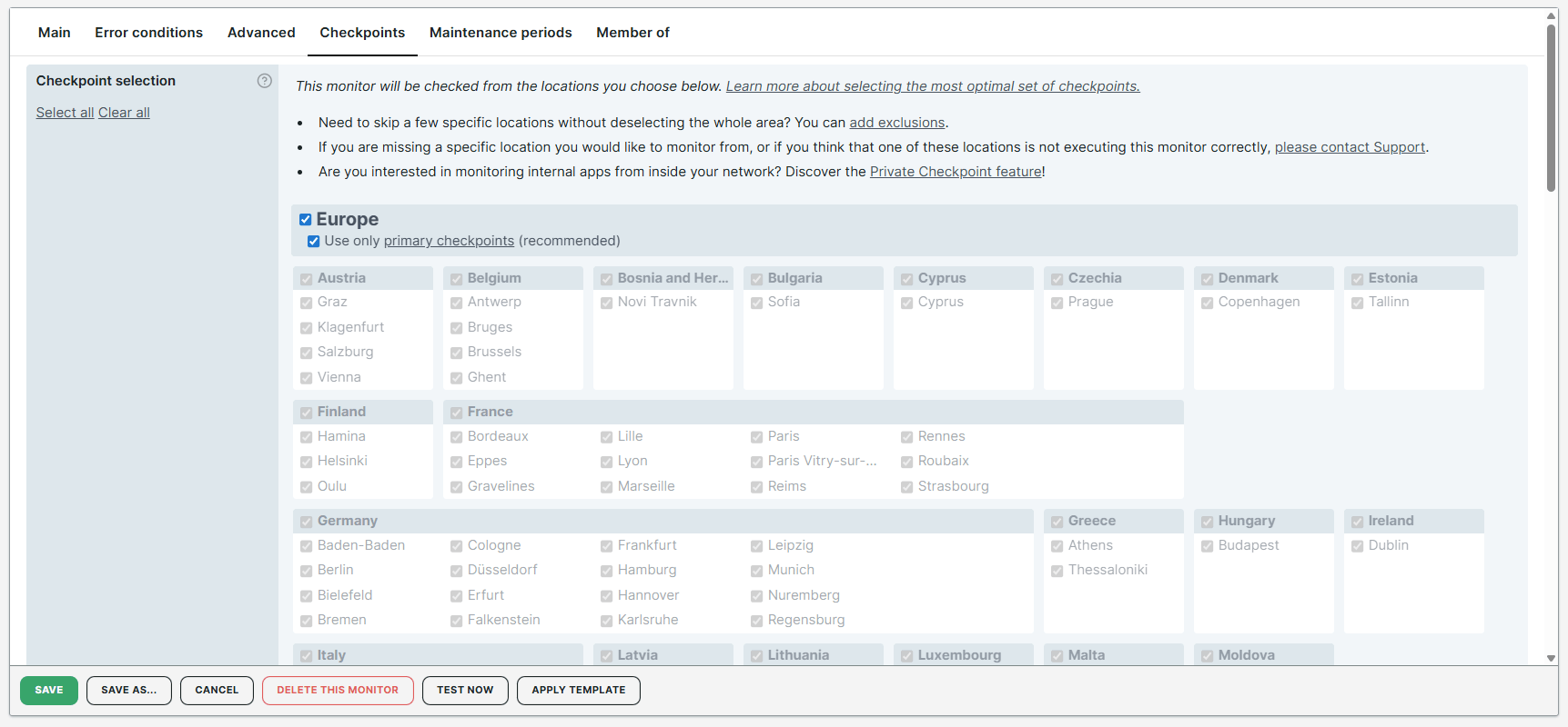 Configuration du moniteur depuis l&rsquo;onglet Checkpoints