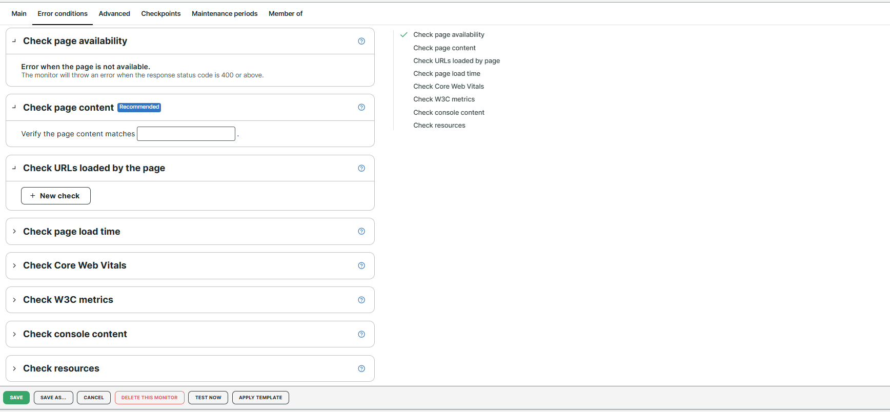 Configuration du moniteur depuis l&rsquo;onglet Conditions d&rsquo;erreur