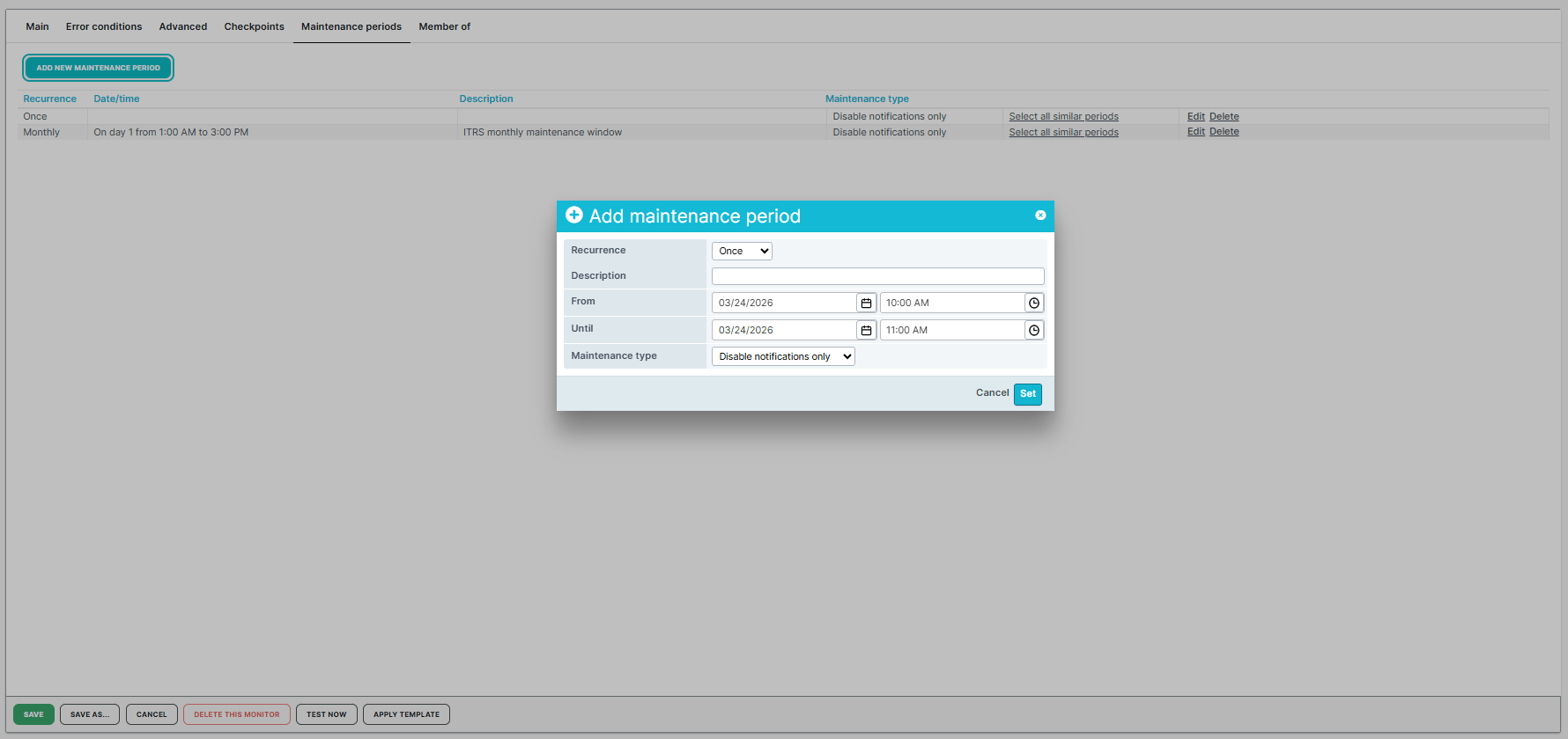 Configuration du moniteur depuis l&rsquo;onglet Périodes de maintenance