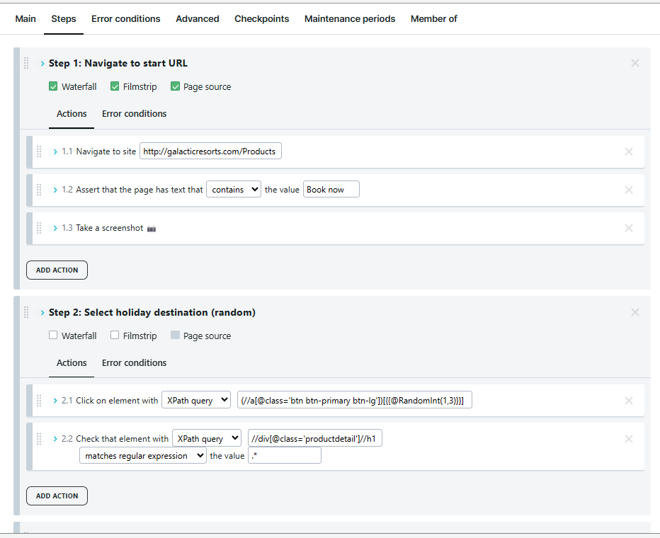 Configuration du moniteur depuis l&rsquo;onglet Étapes pour un moniteur de transaction