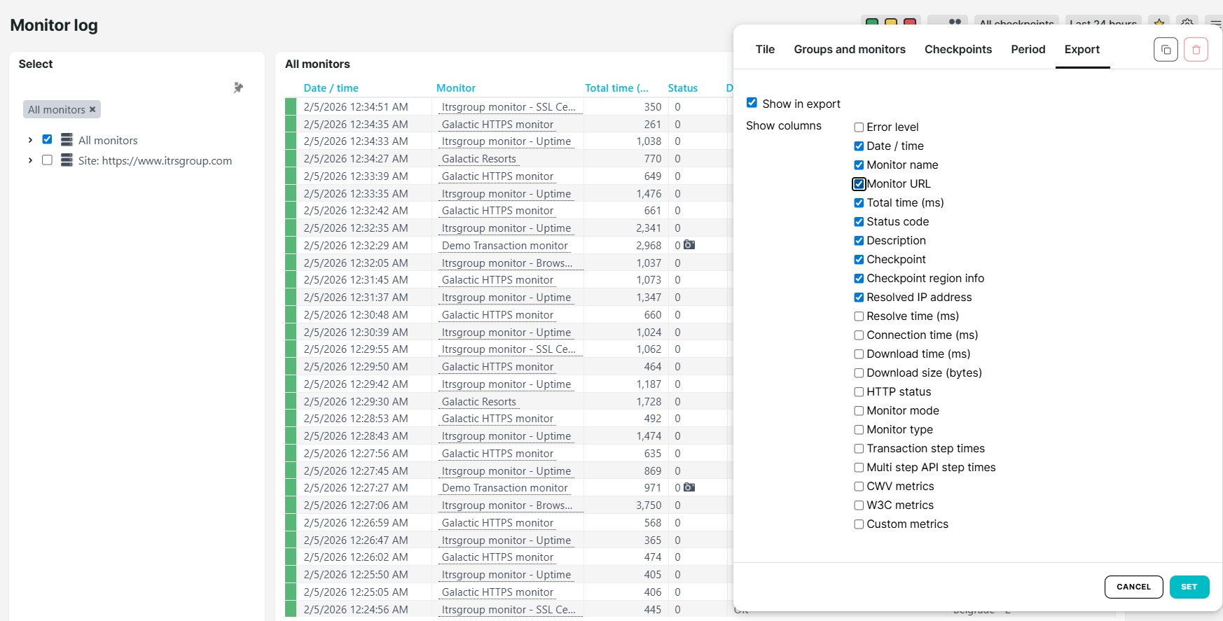 Onglet d&rsquo;exportation de l&rsquo;URL de moniteur dans le journal de moniteurs