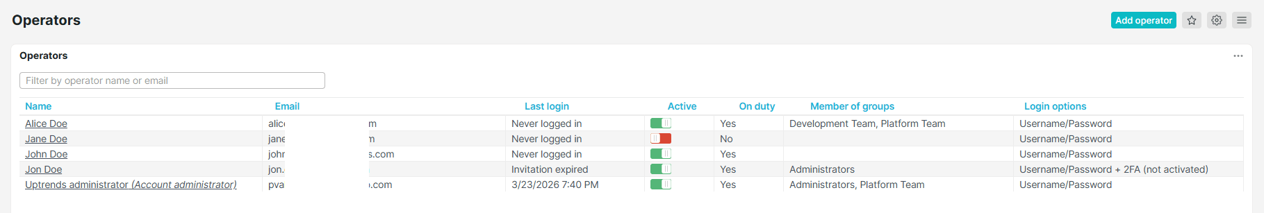 Page de configuration des opérateurs