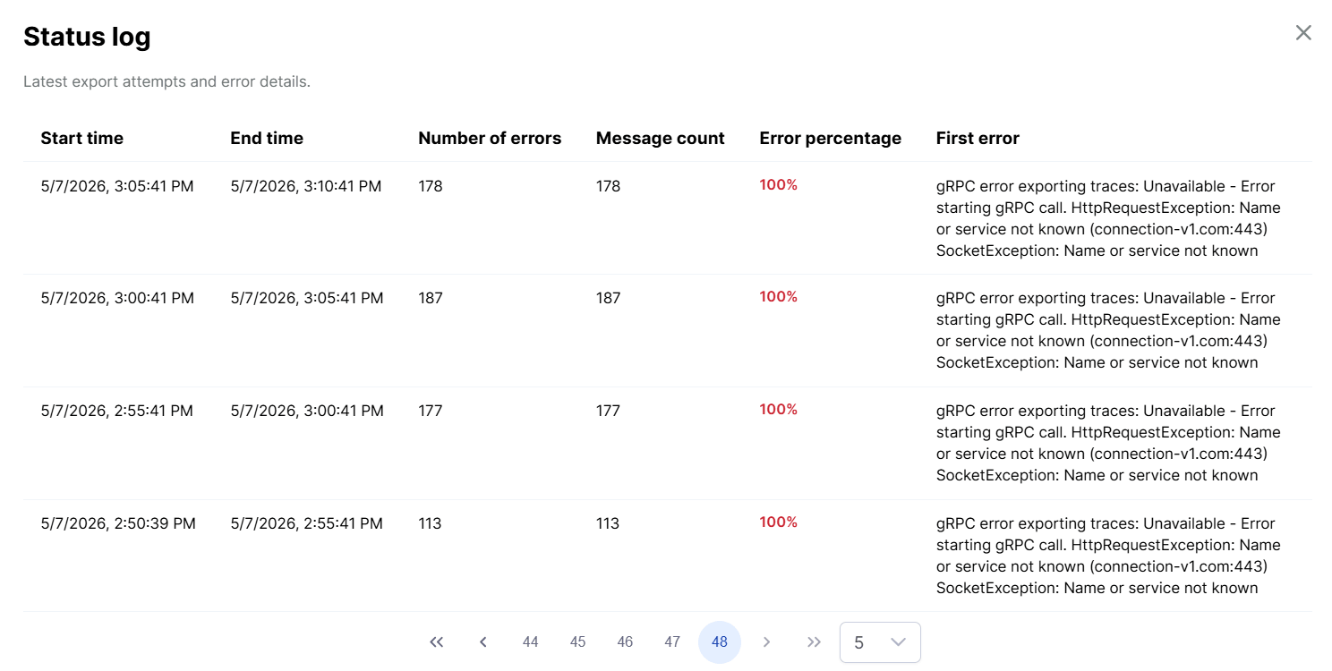 Détails du journal sur l&rsquo;export OpenTelemetry depuis Uptrends