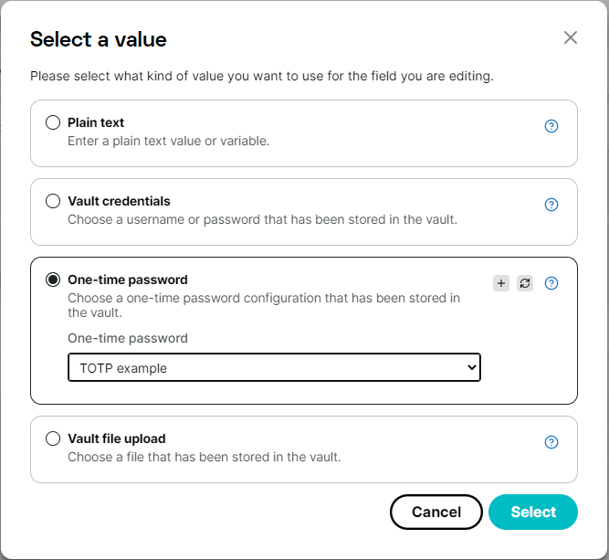 Sélection de la configuration de mot de passe à usage unique dans la transaction