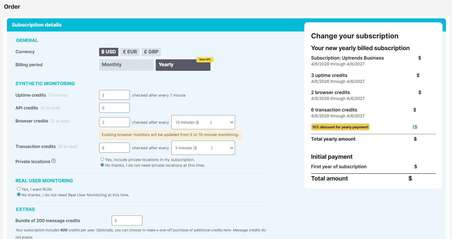 Page de tarifs et de commande