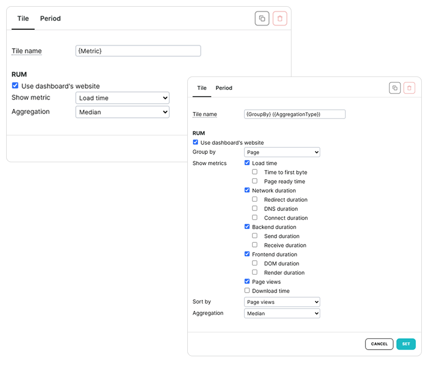 Onglet Tuile dans les tuiles des dashboards du RUM