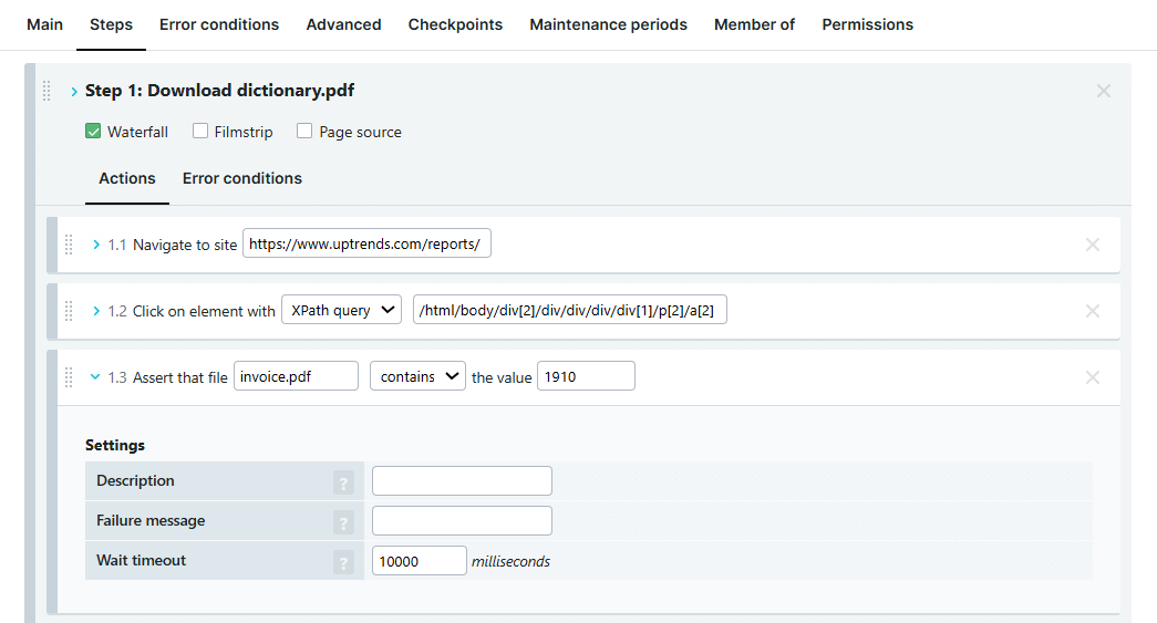 Action Tester le téléchargement de fichier dans les moniteurs de transactions