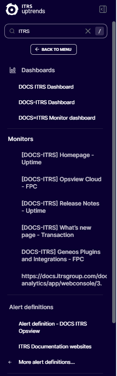 capture d&rsquo;écran de la fonction de recherche dans le menu