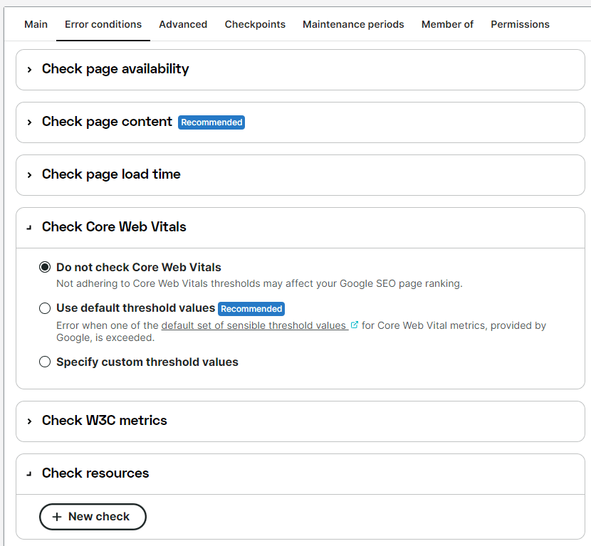 capture d’écran de la présentation des conditions d’erreur pour le Full Page Check