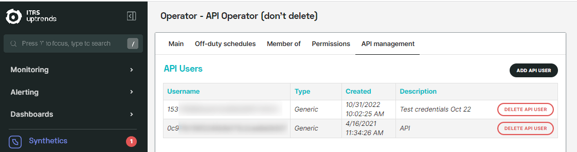 capture d’écran de l’onglet gestion des API pour l’opérateur