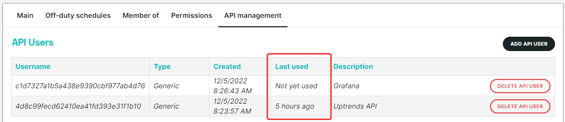 capture d’écran de l’onglet gestion des API pour l’opérateur