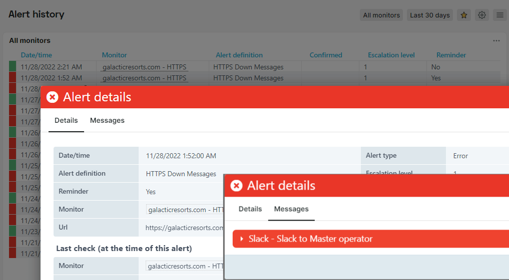 Capture d’écran du dashboard Historique des alertes présentant les détails de l’alerte