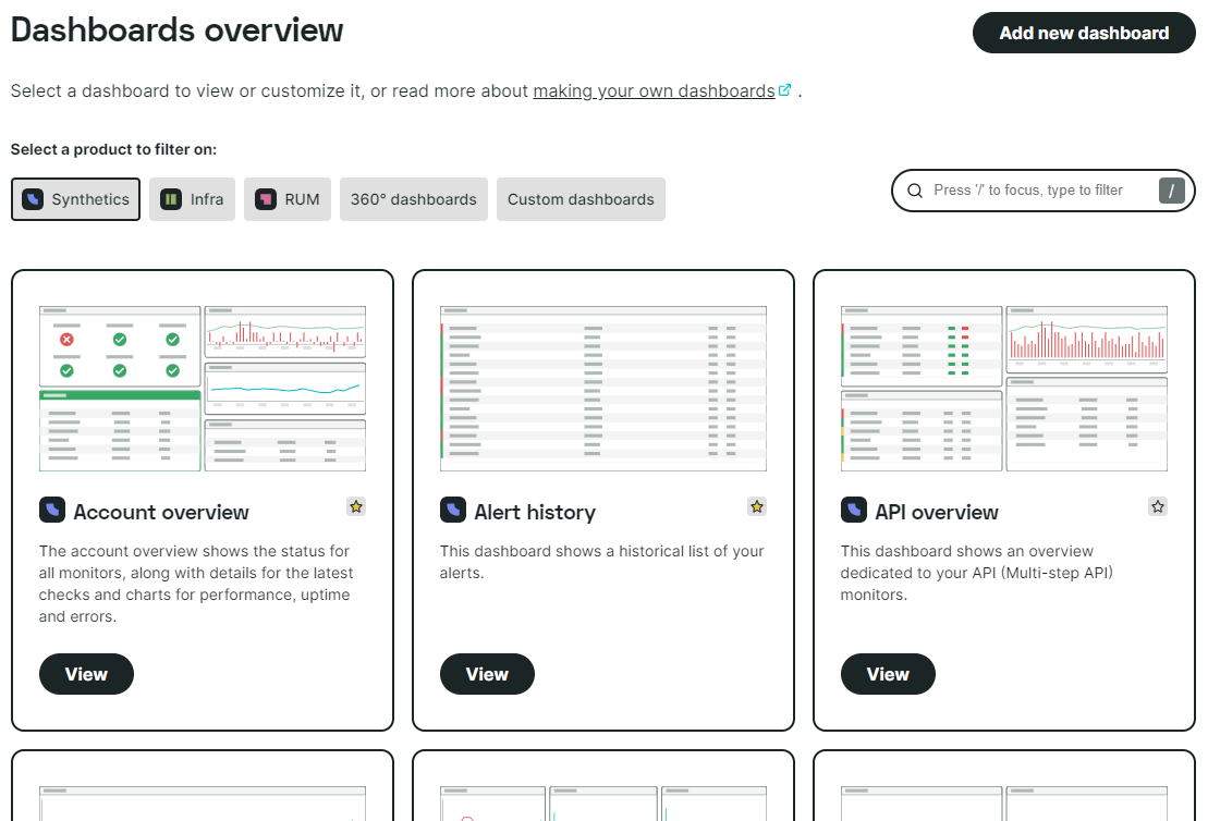 capture d’écran de la vue d’ensemble des dashboards