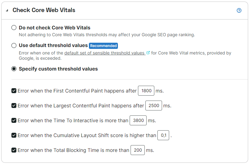 Capture d’écran de la section Vérifier les Core Web Vitals
