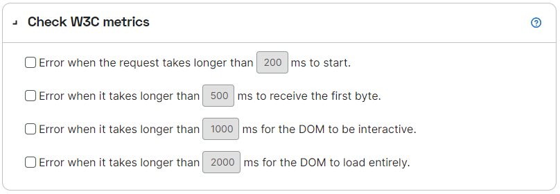 capture d’écran des conditions d’erreur liées aux métriques W3C