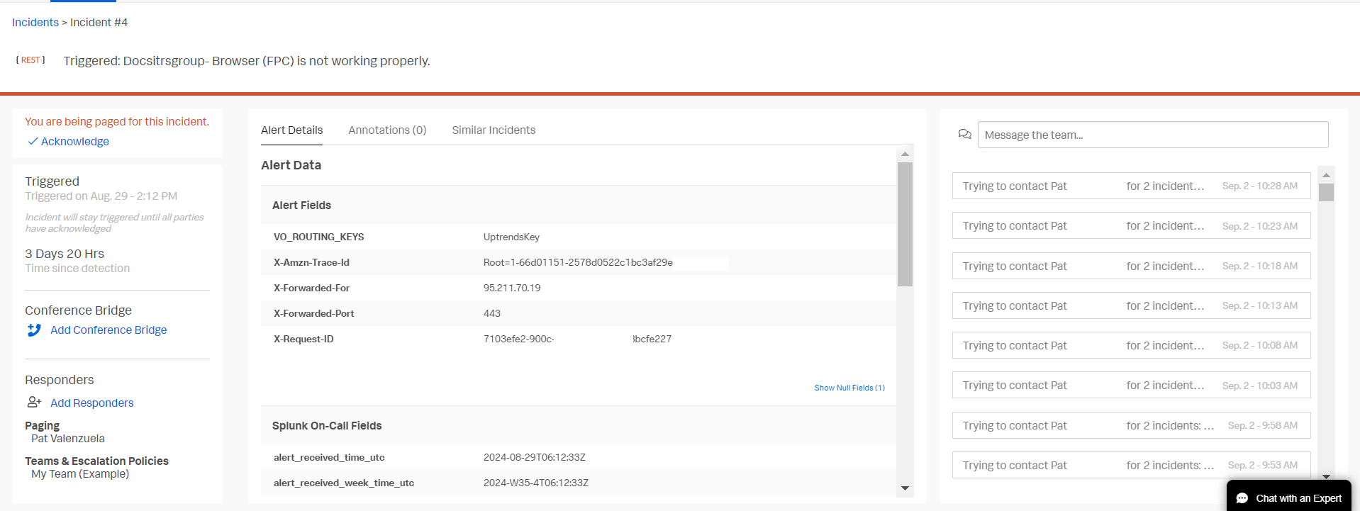 Tableau de bord de Splunk On-Call avec l’intégration d’Uptrends