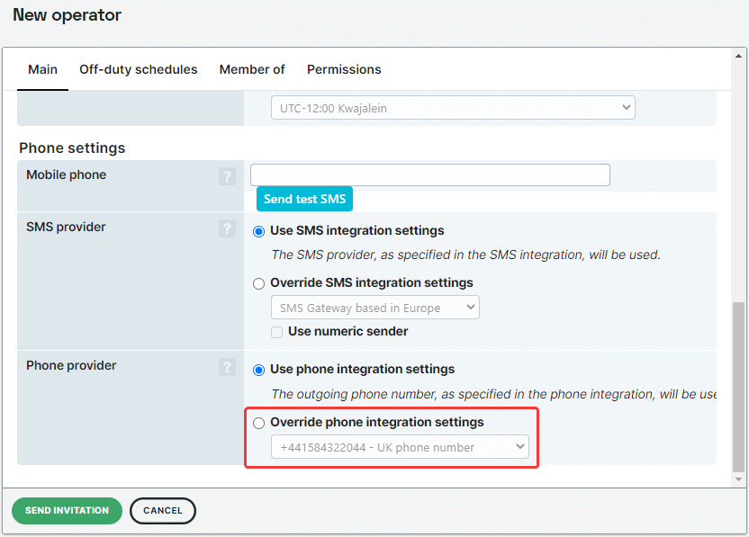 capture d’écran du paramétrage téléphonique de l’opérateur