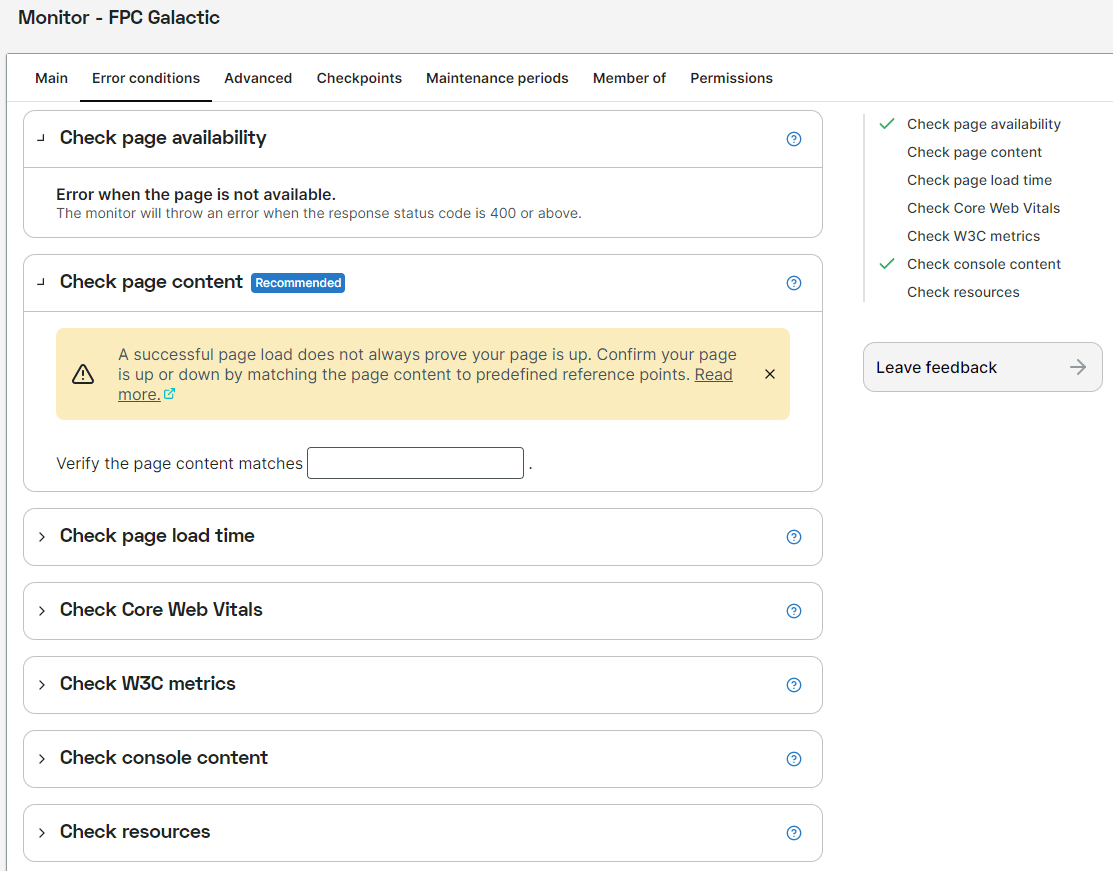 capture d’écran de la configuration des conditions d’erreur du moniteur