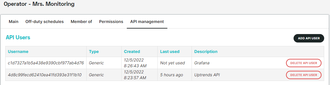 capture d’écran de l’onglet Gestion des API d’un opérateur