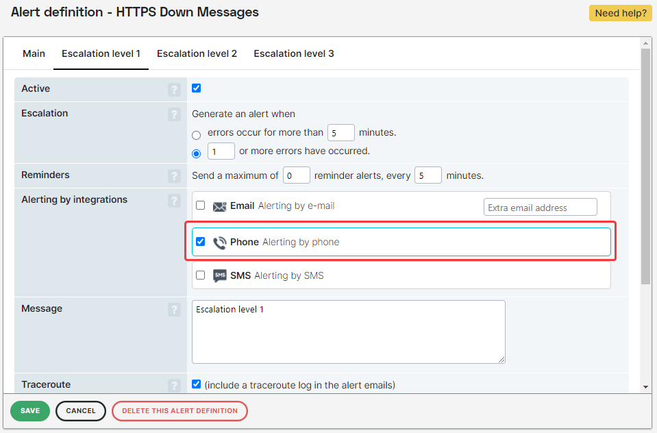 capture d’écran de la définition d’alerte pour l’intégration téléphonique