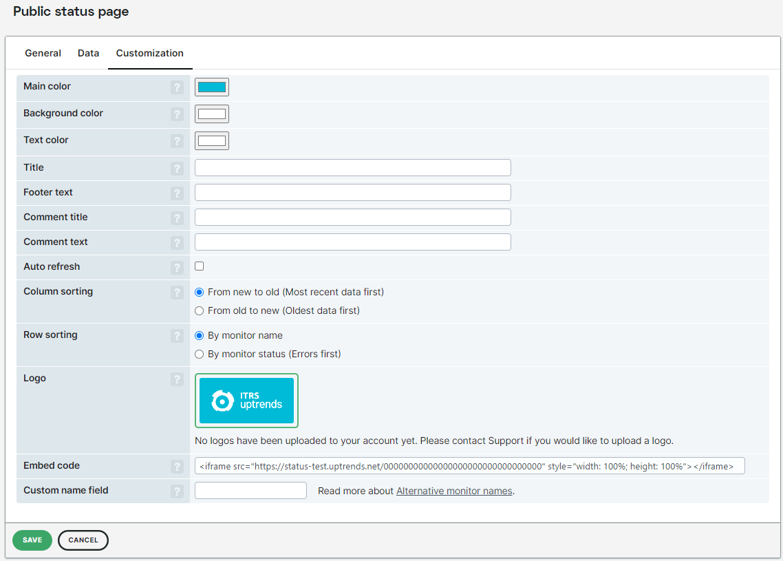 Capture d’écran de l’onglet Personnalisation d’une page de statut publique