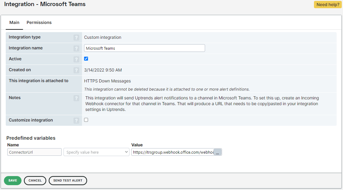 Capture d’écran du test de l’intégration pour Microsoft Teams