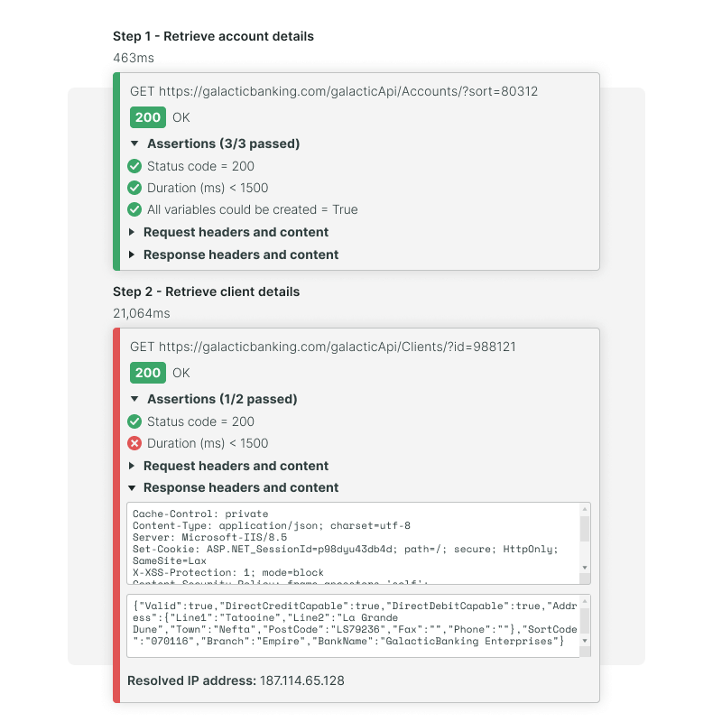 Requêtes et assertions d'un scénario de transaction financière du moniteur d'API multi-étapes