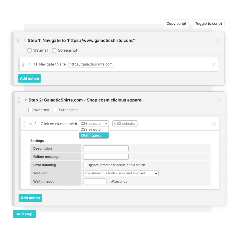 Interface de l'éditeur d'étapes